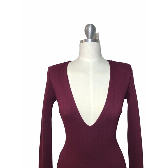 Lulus Bodycon Dress Mini Short Size XS Burgundy Long Sleeve Knit Deep V-Neck - Picture 3 of 16